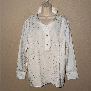 NWT $109 Sz 3X Talbots White Silver Non Iron Popover Polka Dot Blouse
